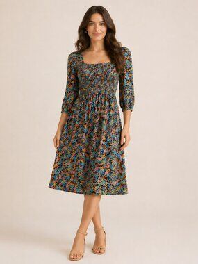 Colorful Floral Smocked Tiered Mini Dress Women's XL 16-18 Boho Cotton